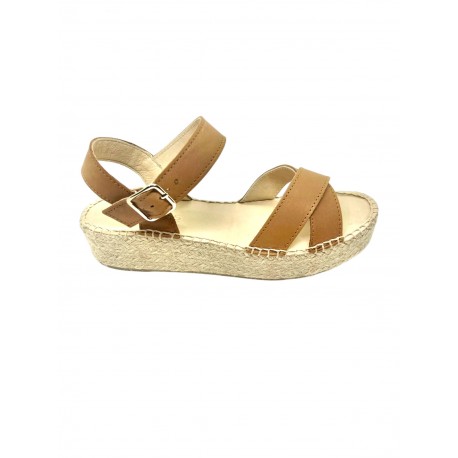 Espadrille compensée avec bride cuir DRAGON camel